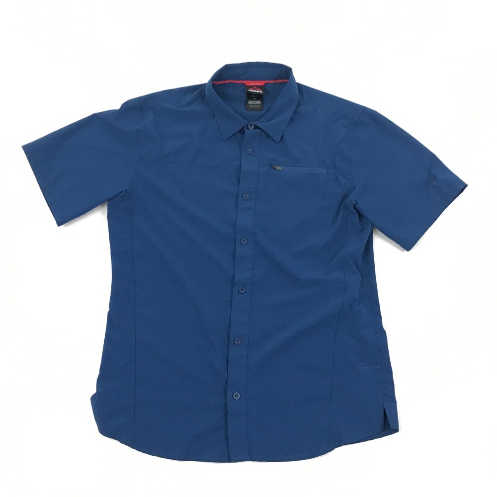 Gerry Button Up Shirt Size Medium M Blue Short Sleeve Zip Pocket Stretch Adult